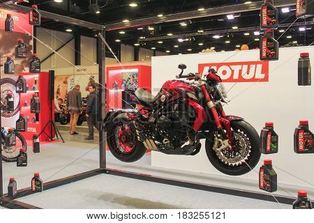 St. Petersburg Russia - 15 April, Bike on the stretch marks,15 April, 2017.
International Motor Show IMIS-2017 in Expoforurum.
Motorcycles and motoconcepts presented at St. Petersburg Motor Show.