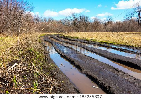 Spring landscape. Dirty spring road. Impassability and mudslides 2