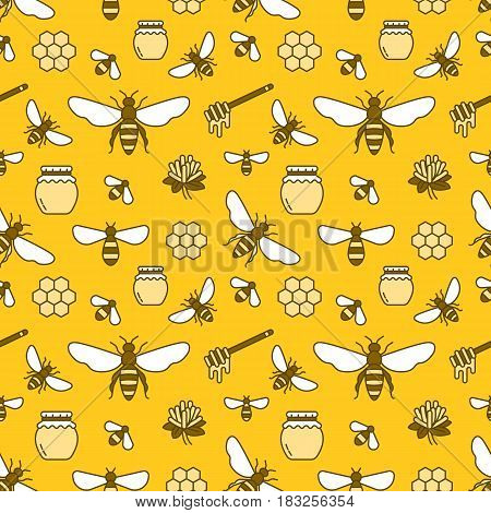 Beekeeping colored seamless pattern, apiculture vector illustration. Apiary thin line icons - bee, beehives, barrel. Cute repeated texture for honey processing business.