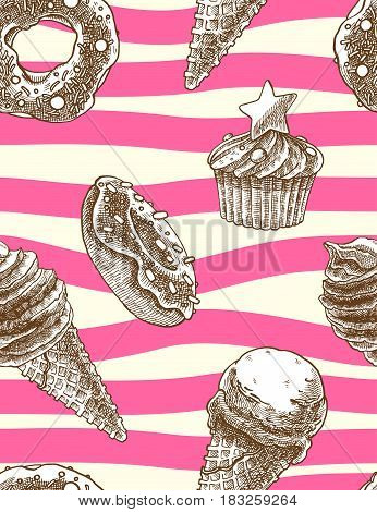 Seamless decorative pattern with ice cream cones, muffins and donuts in hand drawn style. Stripe background. Sweet texture