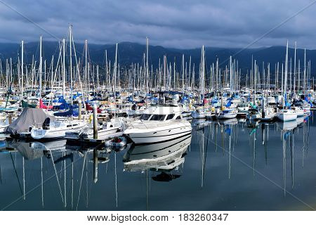 March 15, 2017 in Santa Barbara, CA:  Sail Boats and yachts docked at the Santa Barbara Marina where people can take their own yachts out to sea or rent boats taken in Santa Barbara, CA