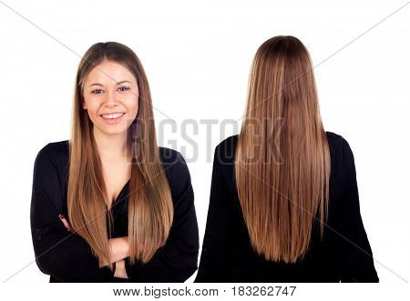 Front and back views of a teenger girl with long hair isolated on a white background