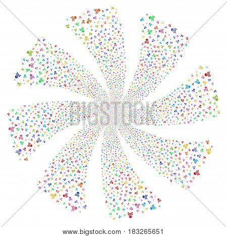 Death Skull fireworks swirl rotation. Vector illustration style is flat bright multicolored iconic symbols on a white background. Object whirl created from random symbols.