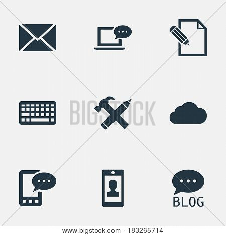 Vector Illustration Set Of Simple Blogging Icons. Elements Document, Keypad, Post And Other Synonyms Smartphone, Missive And Site.
