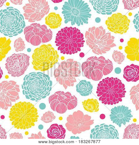 Vector colorful spring flowers seamless repeat pattern bacgkround design. Great for springtime greeting cards, invitations, wedding, fabric, wallpaper, wrapping projects. Surface pattern design.