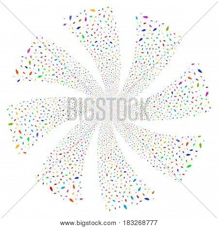 Feather fireworks swirl rotation. Vector illustration style is flat bright multicolored iconic symbols on a white background. Object whirlpool done from random pictograms.