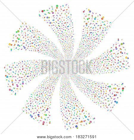 Integration fireworks swirl rotation. Vector illustration style is flat bright multicolored iconic symbols on a white background. Object spiral combined from random pictograms.