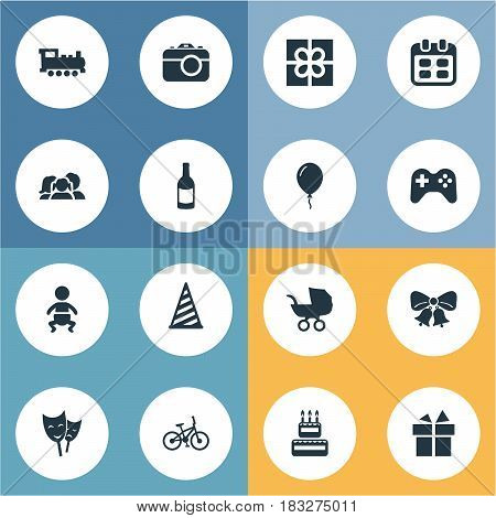 Vector Illustration Set Of Simple Holiday Icons. Elements Beverage, Confectionery, Aerostat And Other Synonyms Steam, Days And Present.