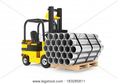 Forklift Truck Carry Stack of Metal Pipes on a white background. 3d Rendering.