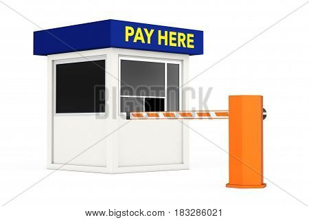 Road Car Barrier and Parking Zone Booth with Pay Here Sign on a white background. 3d Rendering.