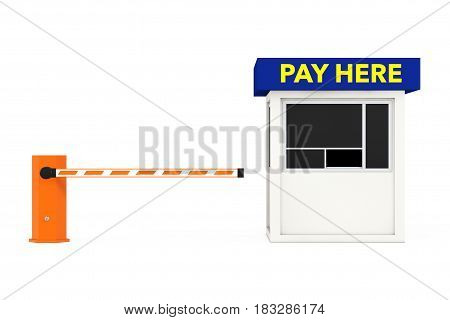 Road Car Barrier and Parking Zone Booth with Pay Here Sign on a white background. 3d Rendering.
