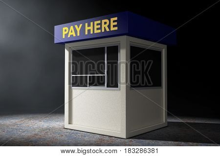 Parking Zone Booth with Pay Here Sign in the volumetric light on a black background. 3d Rendering.