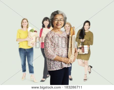 Diversity Women Buy Food Supermarket Studio Isolated