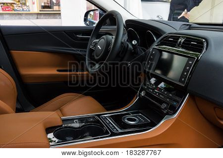 BERLIN - JUNE 14 2015: Cabin of the compact executive car Jaguar XE 20D (since 2015). The Classic Days on Kurfuerstendamm.
