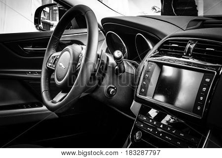 BERLIN - JUNE 14 2015: Cabin of the compact executive car Jaguar XE 20D (since 2015). Black and white. The Classic Days on Kurfuerstendamm.