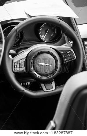 BERLIN - JUNE 14 2015: Cabin of the sports car Jaguar F-Type V8S Convertible (since 2013). Black and white. The Classic Days on Kurfuerstendamm.