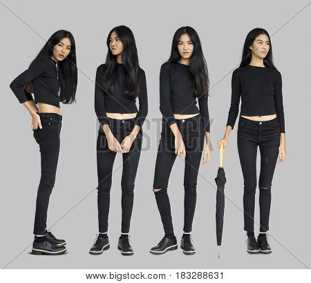 Asian Women Set Gesture Standing Studio Portrait Isolated