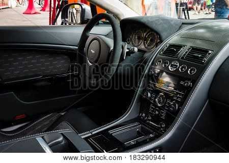 BERLIN - JUNE 14 2015: Cabin of a luxury sports car Aston Martin V8 Vantage N430 (since 2015). The Classic Days on Kurfuerstendamm.