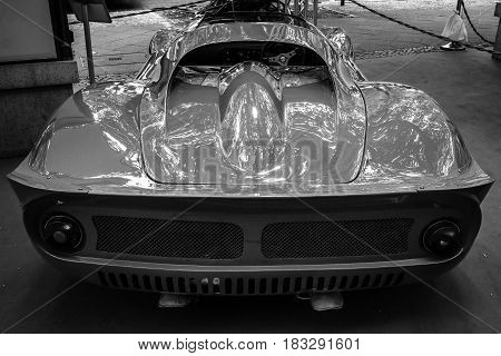 BERLIN - JUNE 14 2015: Sports car Ferrari Dino 206 SP (Sports prototype) 1966. Rear view. Black and white. The Classic Days on Kurfuerstendamm.