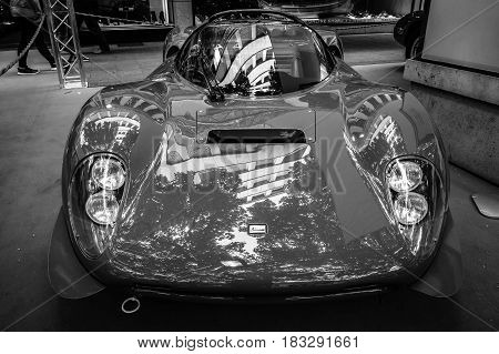 BERLIN - JUNE 14 2015: Sports car Ferrari Dino 206 SP (Sports prototype) 1966. Black and white. The Classic Days on Kurfuerstendamm.