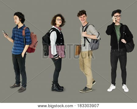 Diverse of Young Student Set Gesture Standing Studio Isolated