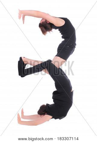 Black dressed people forming number three on white background