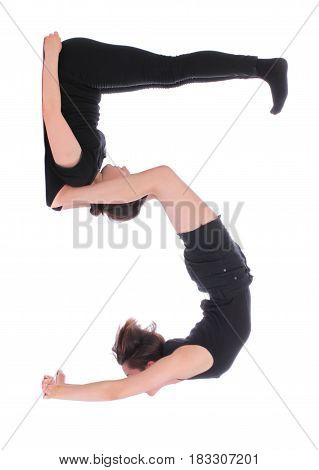 Black dressed people forming number five on white background