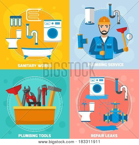 Plumber 2x2 composition with flat images of sanitary technician character tubes repair leaks and plumbing tools vector illustration