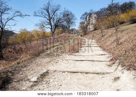 hiking trail to Devin hill with hiking people rocks trees flowering cornus mas plants and clear sky in spring Palava mountains in South Moravia