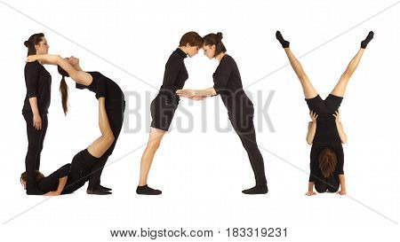Black dressed people forming word DAY on white background