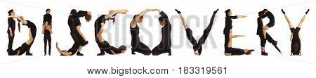 Black dressed people forming word DISCOVERY on white background