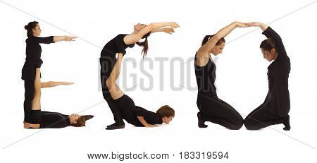 Black dressed people forming word ECO on white background