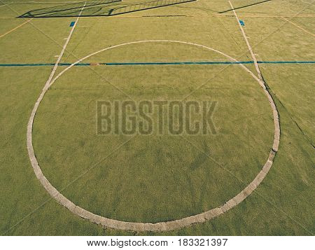 Circle In Middle Of Court. Empty Outdoor Handball Playground, Plastic Light Green Surface