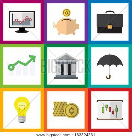 Flat Incoming Set Of Diagram, Bank, Chart And Other Vector Objects. Also Includes Cash, Bulb, Shiner Elements.