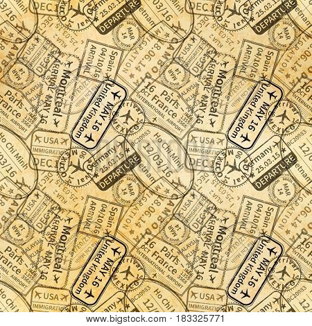 Many black International travel visa rubber stamps imprints on old paper, seamless pattern