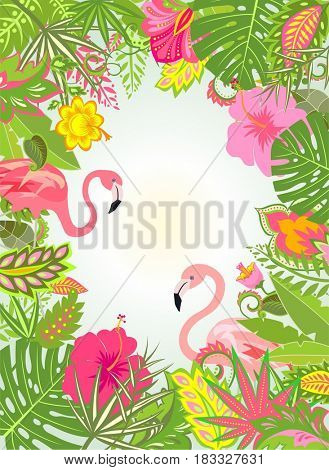 Summery vertical frame with exotic flowers and pair of pink flamingo