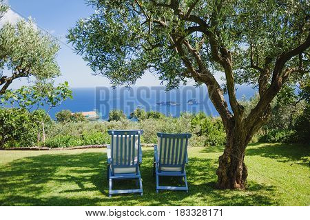 Holiday on Amalfi coast - two deck chairs under a tree blue sea and Li Galli island view in a summer day Italy