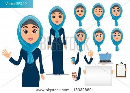 Arabic woman constructor set. Cute businesswoman cartoon character with various face expressions and different things. Stock vector