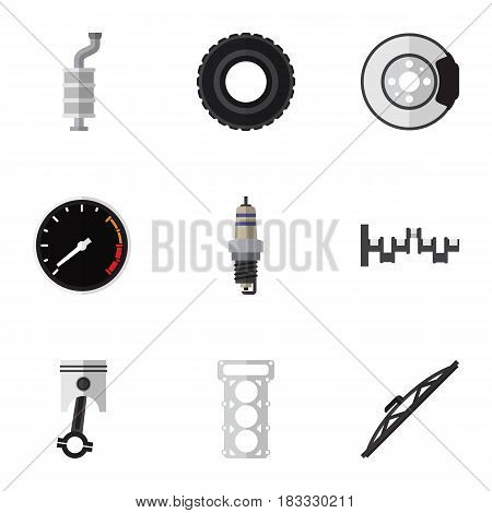 Flat Component Set Of Packing, Tachometr, Steels Shafts And Other Vector Objects. Also Includes Piston, Tachometr, Shafts Elements.
