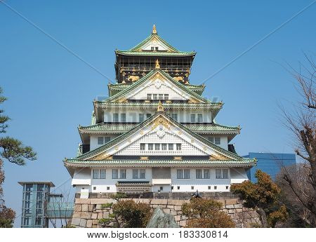 OSAKA JAPAN - APRIL 3, 2017 : The front view of Osaka Castle. This castle is very famous historic tourist attraction of Osaka Japan.