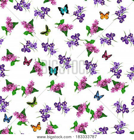Very high quality original trendy vector seamless pattern with blooming lilac and iris flower. Spring or summer design