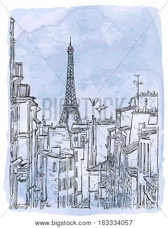 Paris, France - vector sketch. The Paris Roofs and the Eiffel Tower on the Back Plan on a Watercolor Background.