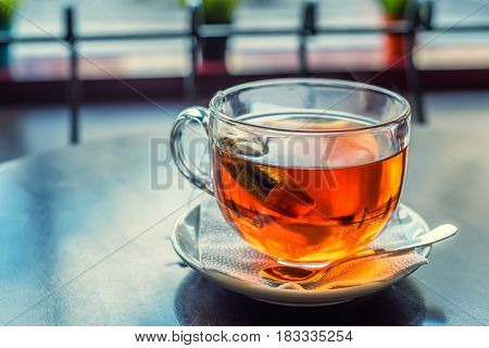 Close-up of morning cup of tea inside cafe