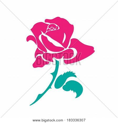 Stylized image of a rose flower. Planar composition. Painted colored illustration on white background. Raster illustration. Crimson blooming rose Bud with curved green stem and two leaves.
