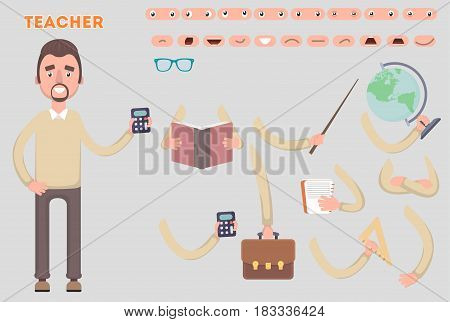 Body parts template for design work and animation. Funny cartoon teacher is a character. Vector illustration on a light background. Sets that the character says the teacher animation.