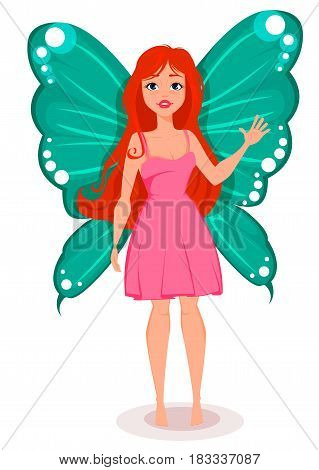 Fairy with butterfly wings. Beautiful redhead cartoon character. Stock vector
