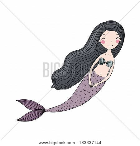 Beautiful cute cartoon mermaid with long hair. Siren. Sea theme. isolated objects on white background. Vector illustration.