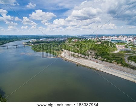 Panoramic aerial view at road, forest, river
