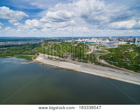Panoramic aerial view at road, forest, river