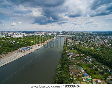 Panoramic aerial view at road, forest, river